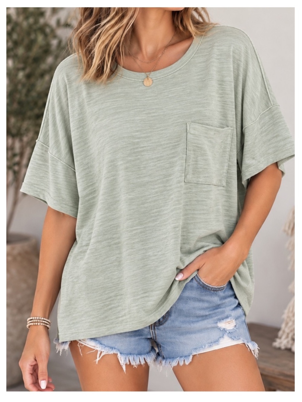 NEW BY TOGETHER Oversized Exposed Seam Short Sleeve Shirt in Light Sage SMALL